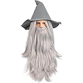 MOVINPE Gray Wizard Beard and Wig Set, Pointed Wizard Hat, Long Gray Wig & Beard – Halloween Wizard Costume Accessories Medieval Sorcerer for Adults & Teens Halloween Role Play Cosplay