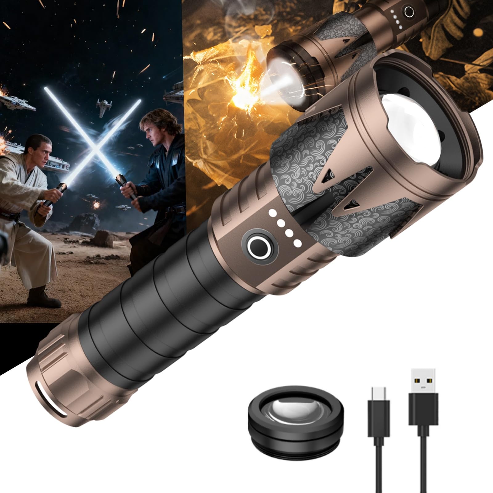 Photo 1 of SKYFIRE Rechargeable Flashlights High Lumens with Ignition Lens&Lightsaber,Super Bright Tactical Flashlight,Zoomable,12 Modes,Waterproof Flash Light for Outdoor Essentials,Home Emergency-Upgraded
