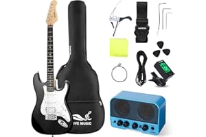 MOSEN MUSIC MOSEN 39in Full Size Beginner Electric Guitar Starter Kit, Beginner Starter, with Amplifier, Single-Coil & Humbucker Pickups, Gig Bag, Pick, Tuner, Capo, Cable, Tremolo Bar, Wiping Cloth - Black