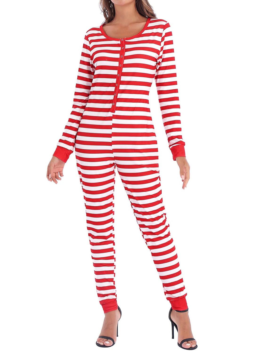 Buy TSSOE Women s Christmas One Piece Pajamas Stripes Long Sleeve 