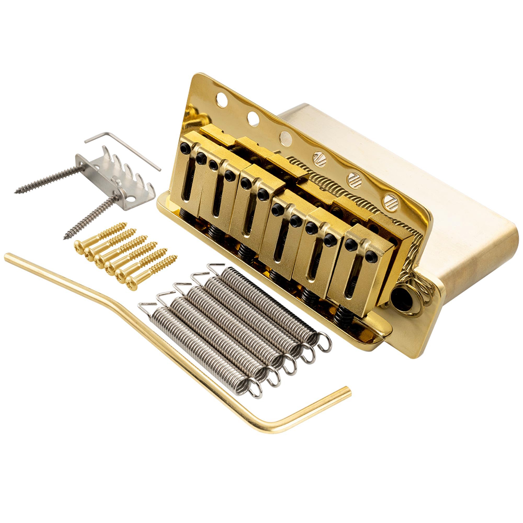 Musiclily Ultra 52.5mm(2-1/16 inch) Standard 6-Screw ST Tremolo Bridge with Modern Brass Saddles 42mm Solid Brass Block Push-In Arm for Strat Style Electric Guitar, Gold
