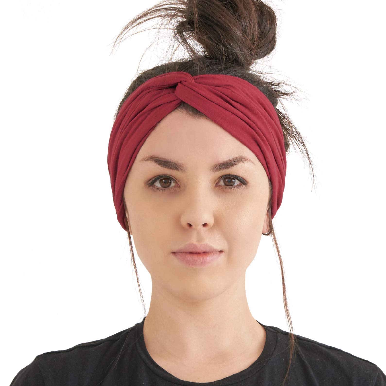 Womens Plain Boho Turban Headband - Fashion Turban Headwrap Yoga Hairband Twist Knot Gym Hair Band Maroon