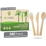 100% Bamboo Forks Spoons Knives Cutlery Combo Set - 380 Large Compostable Disposable Utensils (7 in.) Eco Friendly Durable an