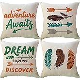 Feather Arrows Throw Pillow Case Inspirational Words Cushion Cover Home Decorative Square Pillowcases 18×18 Inch,4pack(Adventure Awaits,Dream Explore Discover, Ethnic Arrows, Feathers)