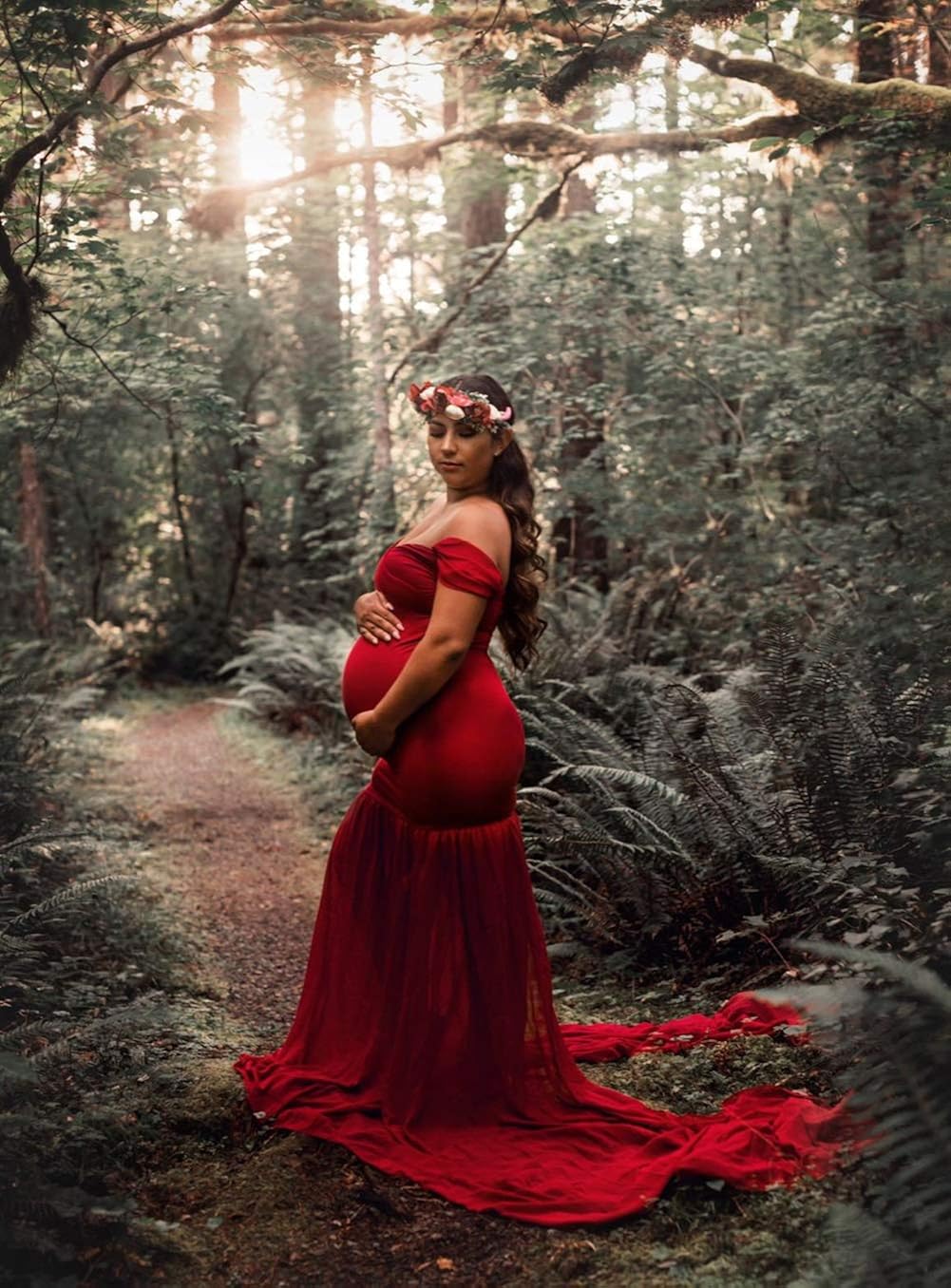 ZIUMUDY Maternity Off Shoulder Mermaid Chiffon Gown Maxi Photography Dress Baby Shower Photo Props Dress (Burgundy) at  Women’s Clothing store