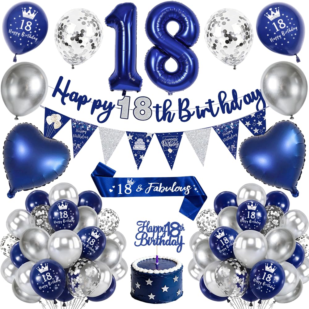 18th Birthday Decorations Boy,Royal Blue Silver 18 Birthday Balloons with Happy 18th Birthday Banner, Number 18 Foil Balloons, Birthday Sash, Cake Topper,18th Birthday Party Decorations Set for Him