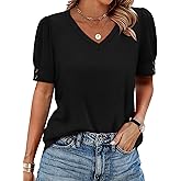 OFEEFAN Womens Tops Short Sleeve Shirts Buttons V Neck Spring Fashion Summer Outfits Plus Size Blouses Dressy Casual