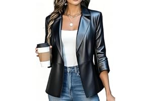 Ommiivex Women Leather Jacket Faux Slim Fit Ruched 3/4 Sleeve Blazers for Casual Business Interview Semi Formal Work Outfit