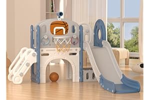 YUFU 9 in 1 Toddler Slide, Kids Slide for Toddlers Age 1-3, Toddler Climber Slide with Basketball Hoop and Ball, Toddlers Outdoor Indoor Playset (Blue+Gray)