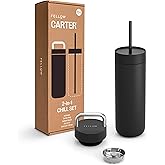 Fellow 20 oz Carter Water Bottle with 2 Lids - Leak-Proof Lid with Metal Handle - Cold Lid with Straw - Ceramic Interior & Vacuum-Insulated Stainless Steel - Matte Black