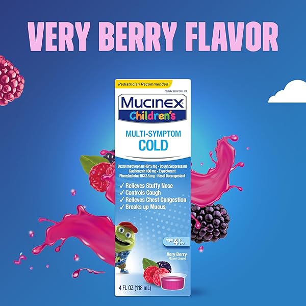 MUCINEX CHILDREN’S MULTI-SYMPTOM COLD MEDICINE, KIDS COUGH MEDICINE, MUCINEX KIDS MEDICINE/DECONGESTANT WITH DEXTROMETHORPHAN HBR, GUAIFENESIN, PHENYLEPHRINE HCL, VERY BERRY FLAVOR LIQUID, 4 FL OZ