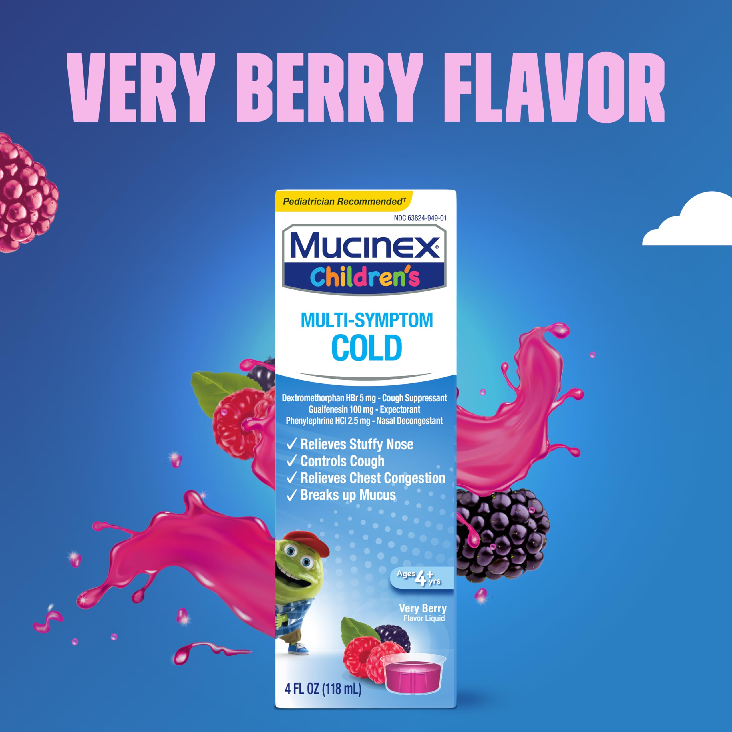 Mucinex Children's Multi-Symptom Cold Relief Liquid- Relieves Stuffy Nose, Chest Congestion, Cough & Mucus, Expectorant & Cough Suppressant with Dextromethorphan, Guaifenesin, Phenylephrine, 4 oz.
