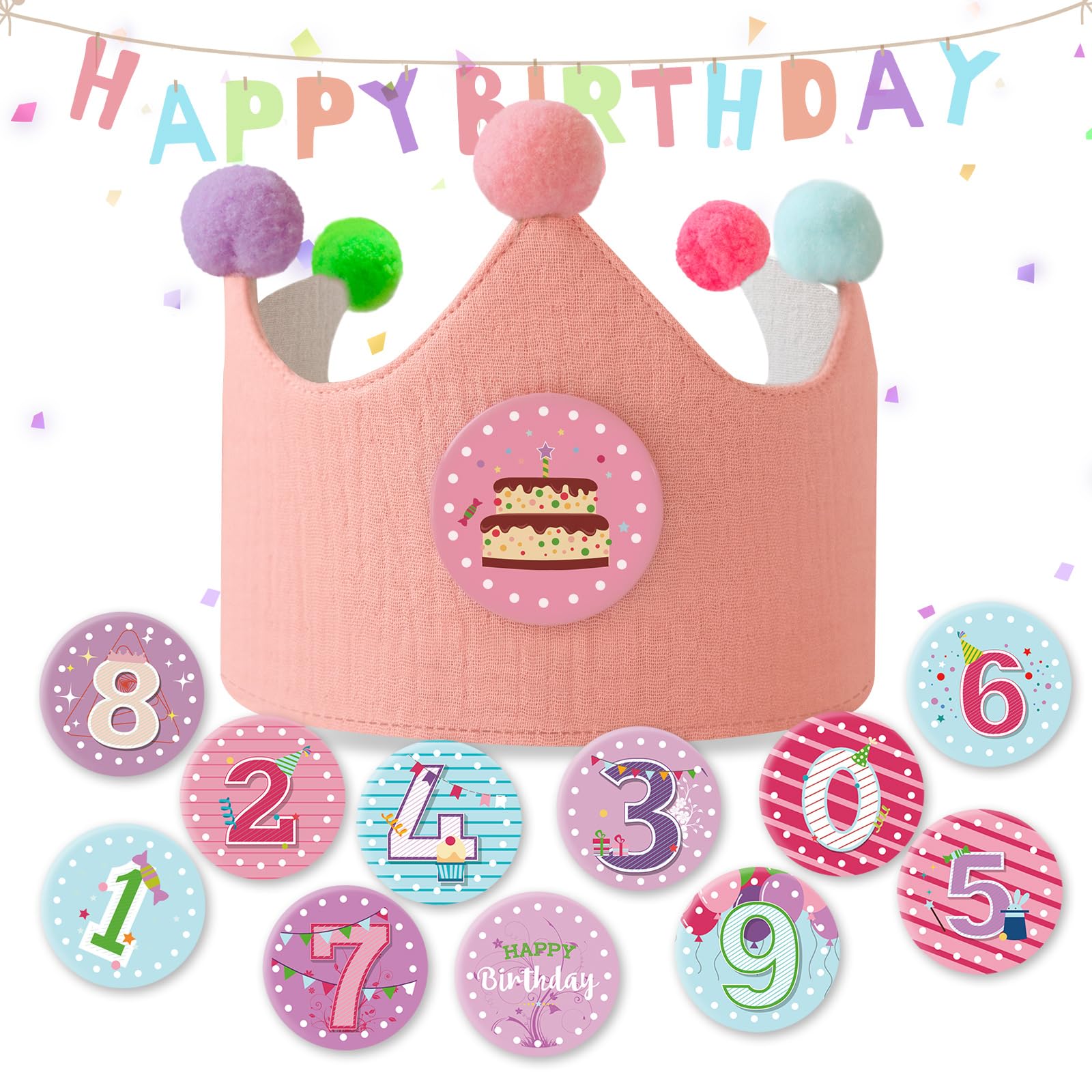 Photo 1 of Ulibanner Reusable Birthday Crown with Numbers,Kids Birthday Hat Fabric Crown Pertain Kids Boy Toddler Girl Baby Bday Hats (Light pink + light gray)