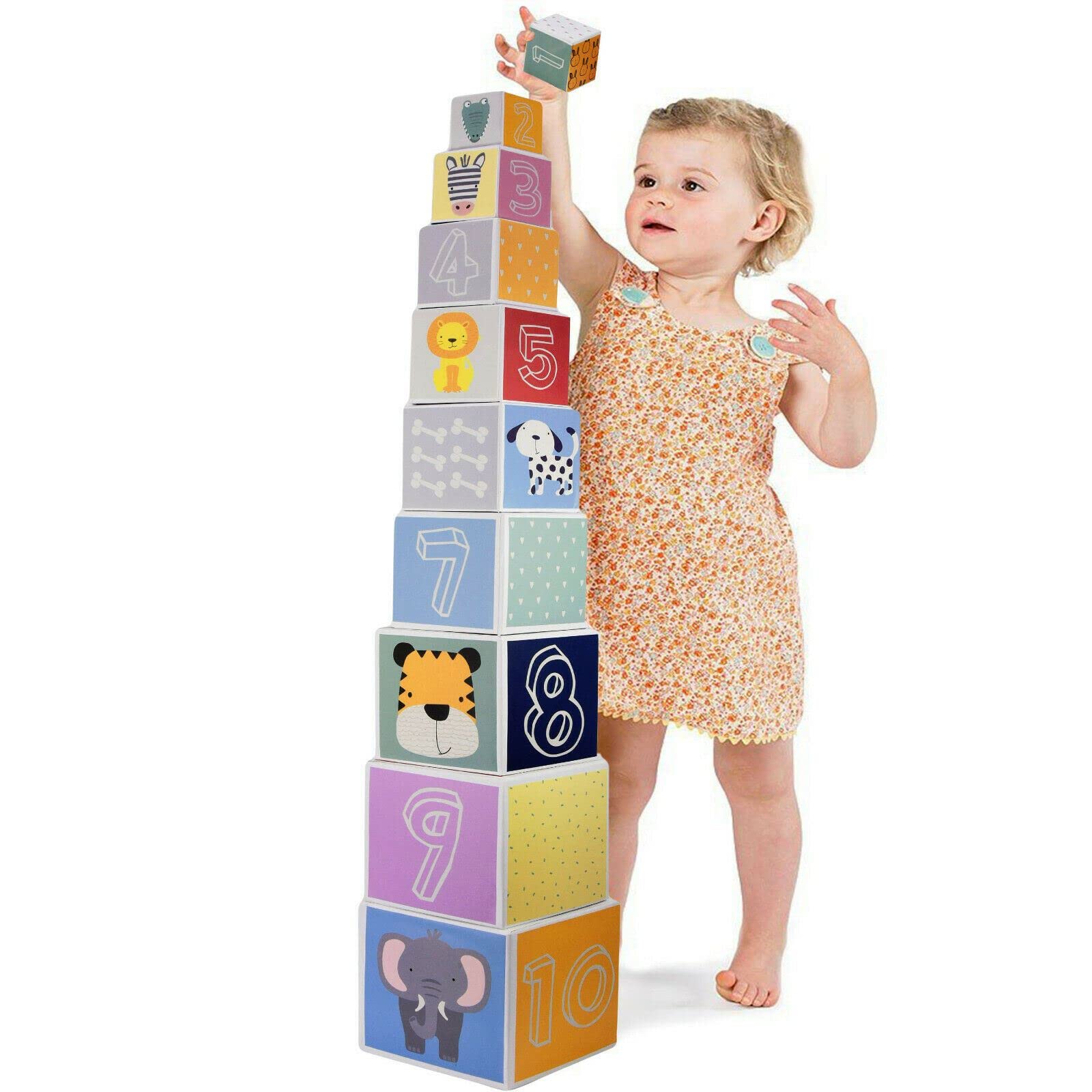 The Magic Toy Shop Kids Nesting & Stacking Blocks - 10 Piece Montessori Educational Activity Set for Babies, Toddlers - 87cm Tall Tower Cubes with Numbers, Animals, Shapes & Storage Box