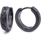 Stainless Steel Mens Hoop Earrings Cross Stripe Gold-tone Black Silver-tone Bevel Edge 16mm