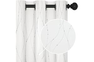 Deconovo 50% Room Darkening Curtains, Wave Line with Dots Foil Print Blackout Curtains,Pure White Curtains 2 Panels, Thermal Window Curtains for Kids Bedroom, 42 x 63 Inch