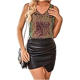 MakeMeChic Women's Sequin Tank Top Sparkly Sleeveless V Neck Rave Party Tops Clubwear