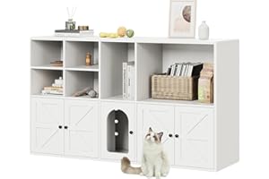 IRONCK Cat Litter Box Enclosure for 2 Cats, Litter Box Furniture Hidden with Double Room and Large Storage Space, Wooden Washroom Furniture, Cat House, White