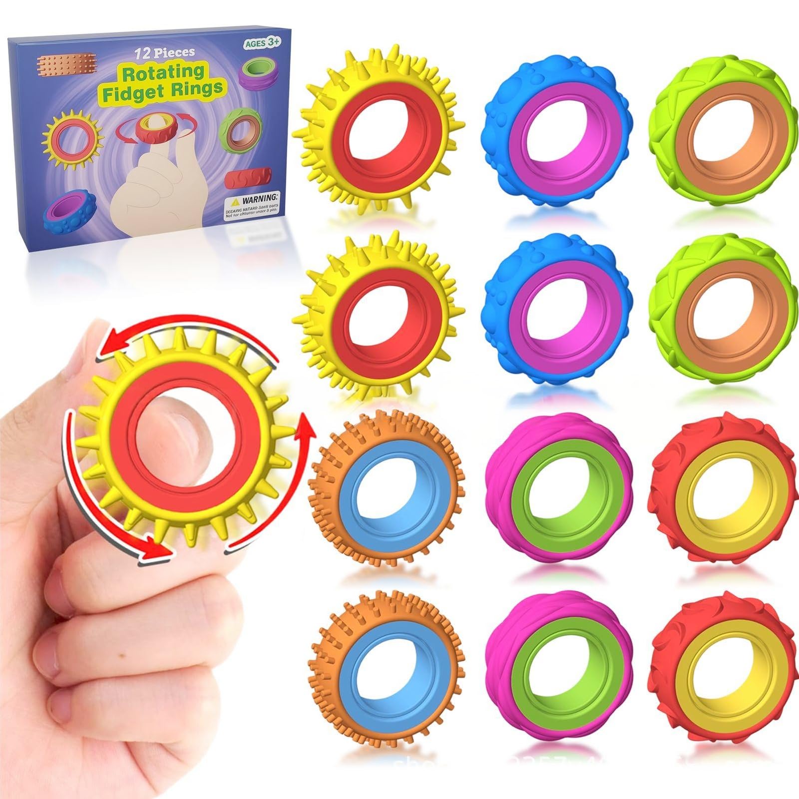 Fidget Sensory Rings for Adults & Kids – 12 Pack Textured Finger Spinner Rings – Quiet Classroom & Office Stress Toys for Adults & Children – Calming Fidget Toys for Autism, ADHD, Anxiety Relief