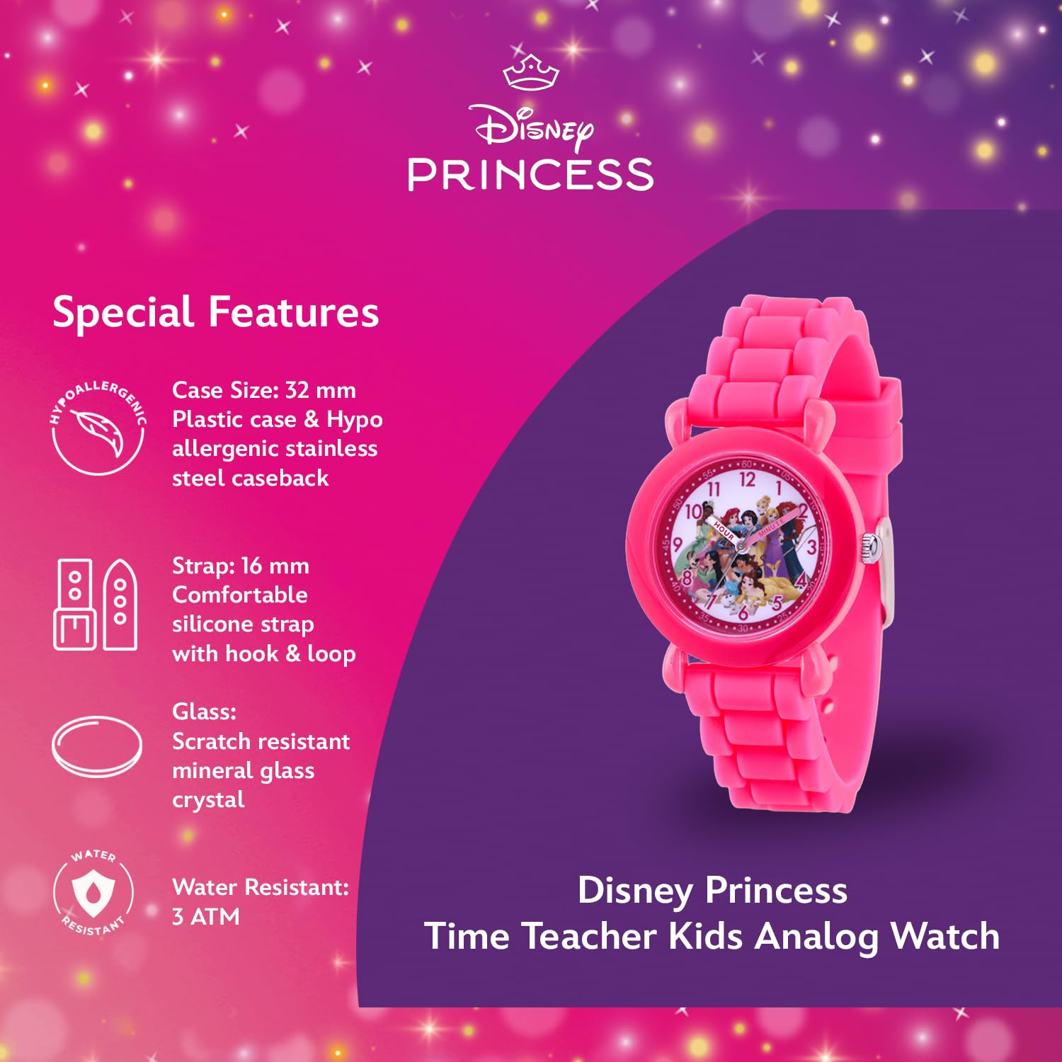 Disney Princess Watch for Girls – Kids' Princess Watch with Pink Plastic Case & Purple Silicone Strap – Gift for Girls Age 4-7, Toddler Watches, Cute & Durable Kids’ Timepiece