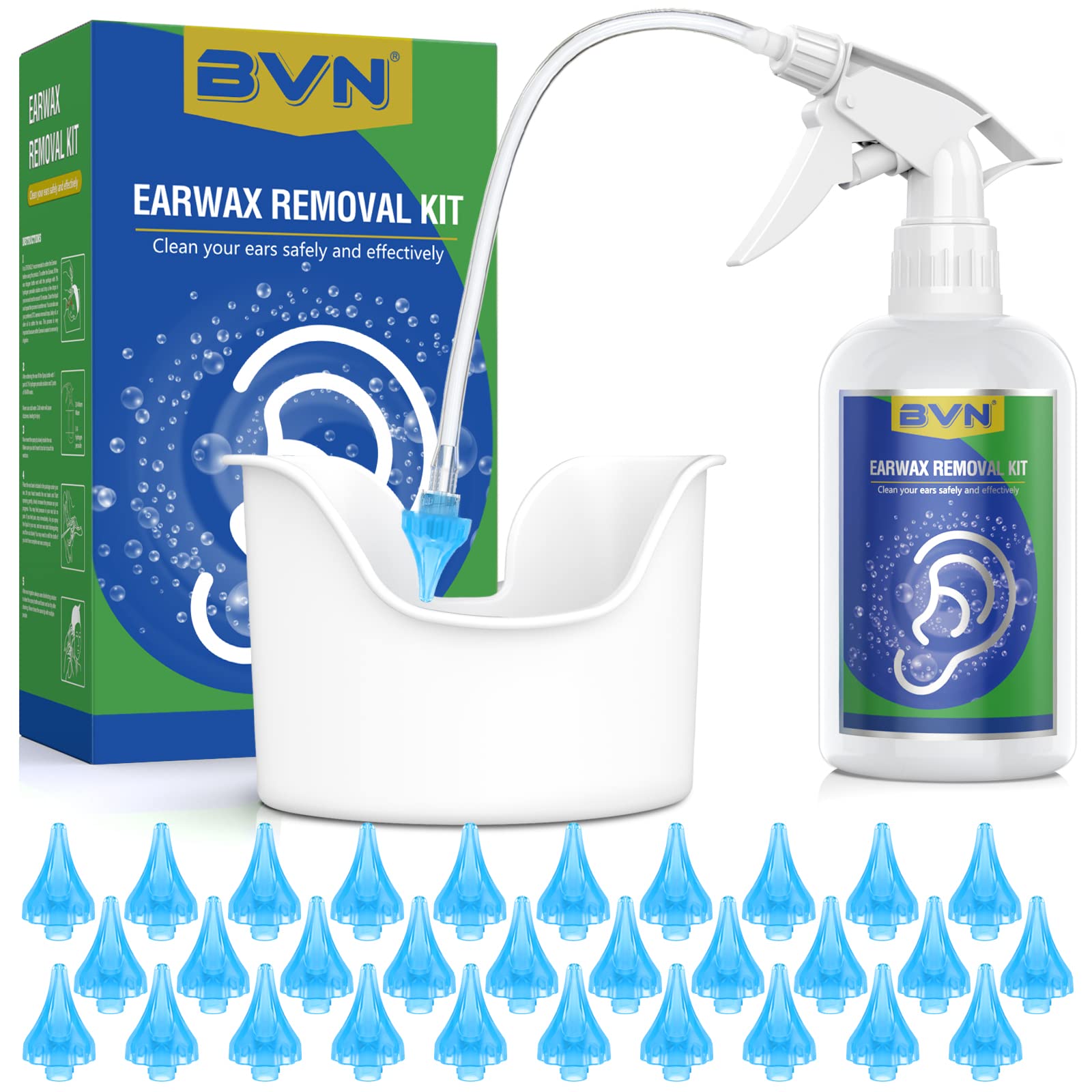 BVN Ear Wax Removal Tool Kit, Ear Irrigation Flushing System for Adults & Kids, Safe Ear Wax Cleaner with Wash Bottle, Ear Basin & 30 Soft Disposable Tips