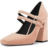 DearOnly Women High Chunky Block Heel Square Toe Pumps Mary Jane Buckle Wedding Cute 3.9 Inches Heels