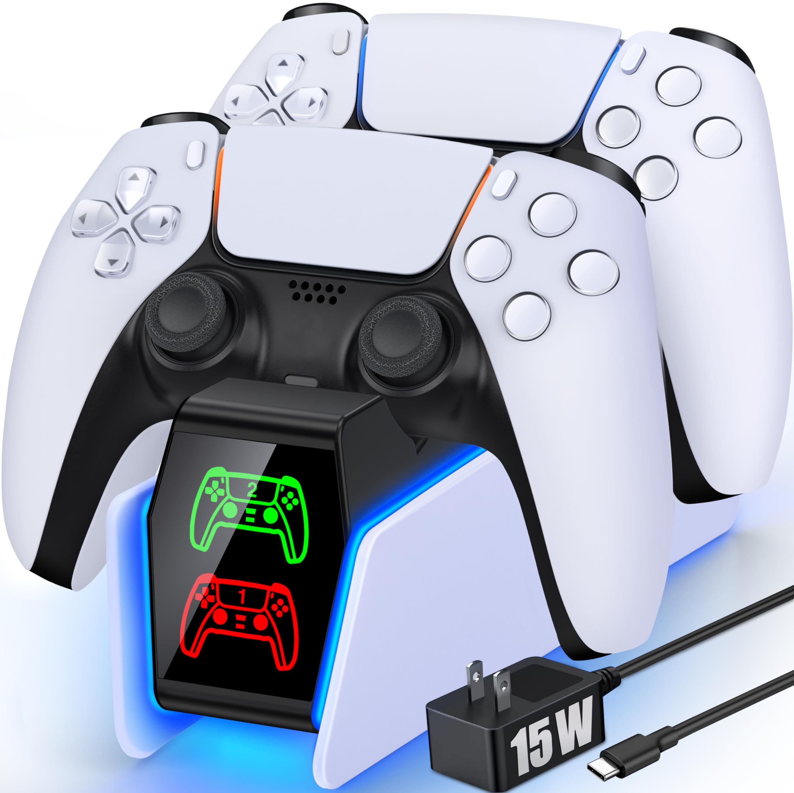 Photo 1 of PS5 Controller Charger Station for PlayStation 5 Controllers with LED Light Dual Stand Charger Dock, PS5 Controller Charging Station Accessories for PlayStation 5 Storage Kit with AC Adapter
