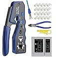 RJ45 Crimp Tool Kit Pass Through Ethernet Cat6 Cat6a Cat5e Crimping Tool with 20PCS Cat6 Pass-Thru Connectors,1 Wire Cutter Plier,1 Mini Wire Stripper and 1 Network Cable Tester