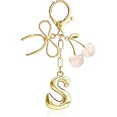 BydGxy Bubble Initial Letter Keychain with Bow & Cherry, Cute Bag Charms for Women Handbags, Gold & Silver Purse Accessories
