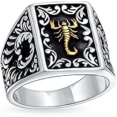 Personalized Mens Large Zodiac Horoscope Scorpion Signet Statement Ring For Men Black Two Tone Brass Patina Solid.925 Silver Handmade In Turkey Customizable