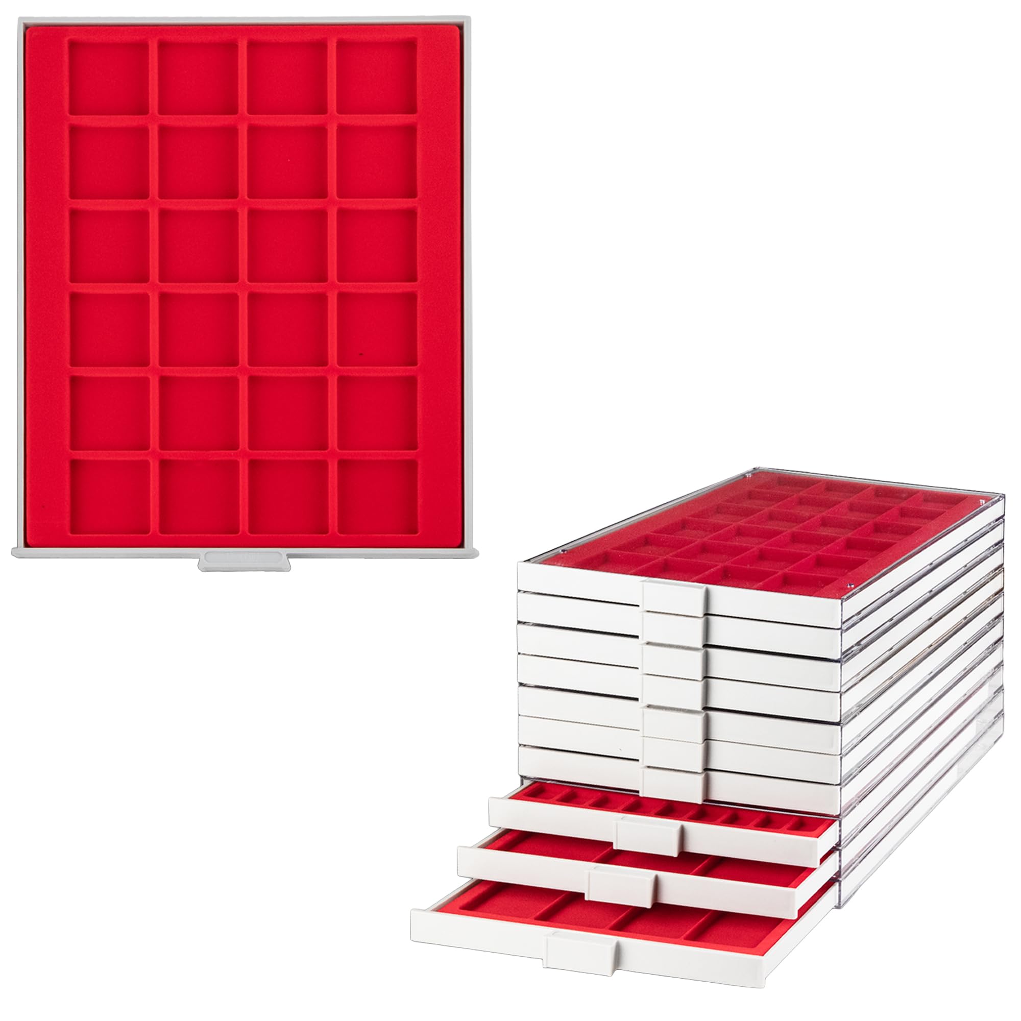 Prophila coin box gray 24 angular compartments for coins up to 42 mm (e.g. for 1 Oz Silver Eagle, Maple Leaf, Krugerrand), red insert