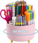 Marbrasse 360 Degree Rotating Desk Organizer with 5 Compartments Pink