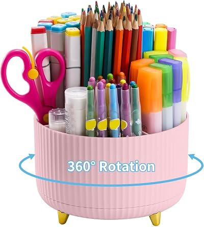 Marbrasse 360 Degree Rotating Desk Organizer with 5 Compartments Pink