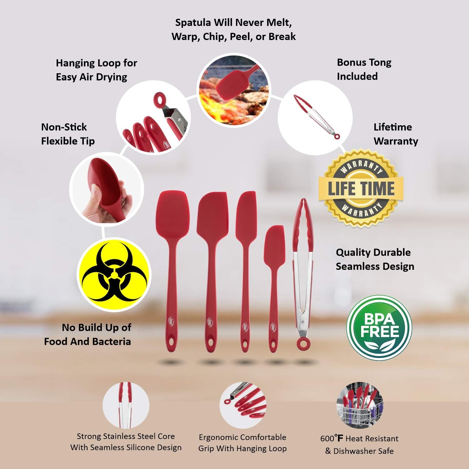 Kaluns Spatula, Silicone Spatula, 4 Rubber Spatulas and One Kitchen Tongs, Heat Resistant Spatula Set, Nonstick Seamless Design with Stainless Steel Core, Kitchen ToolS: Kitchen & Dining