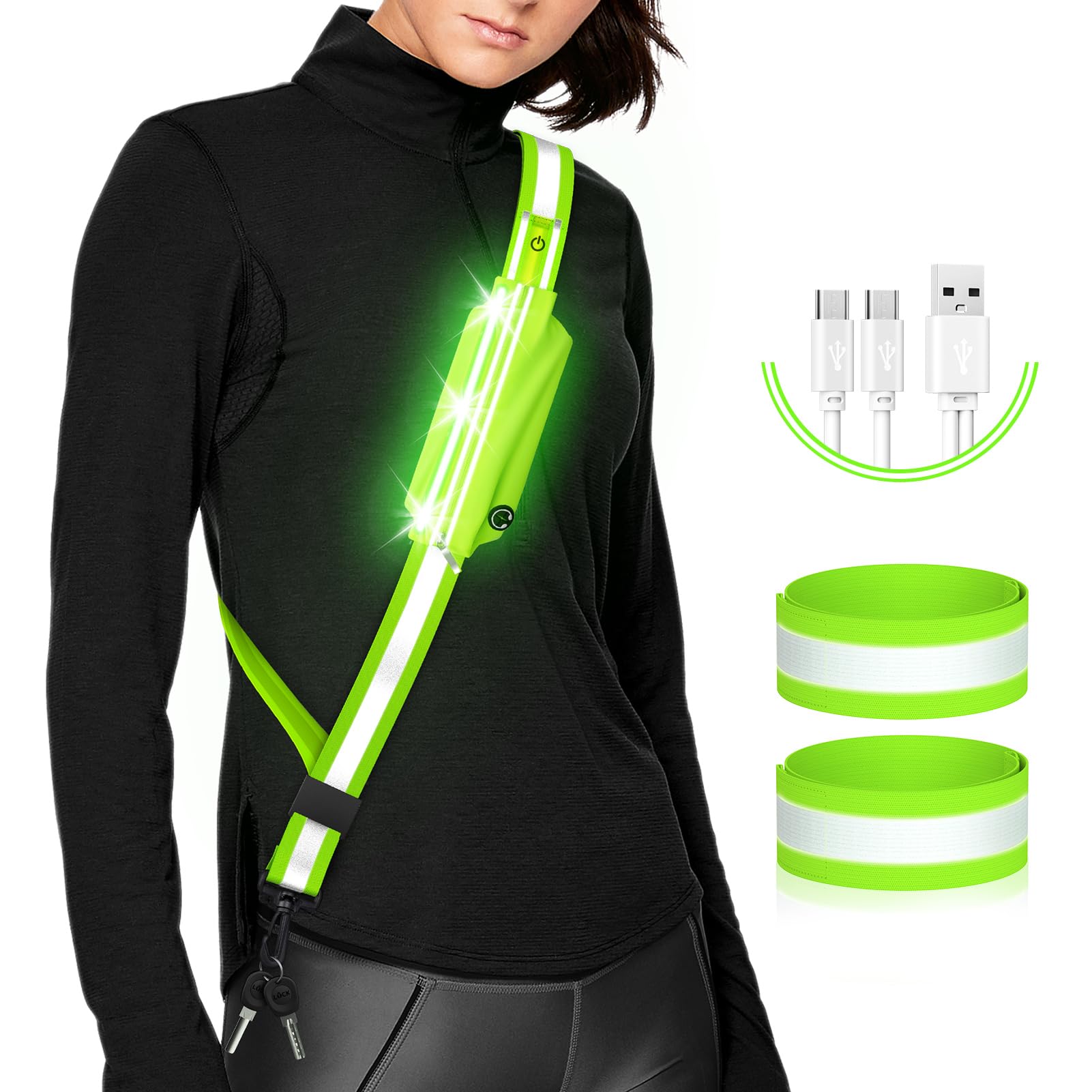 LED Belt Reflective Sash for Walking at Night,High Visibility Adjustable Night Running Safety Gear,Light Up Running Belt Reflective Gear with Phone Bag/Armband for Runners Walkers Men Women (Green)