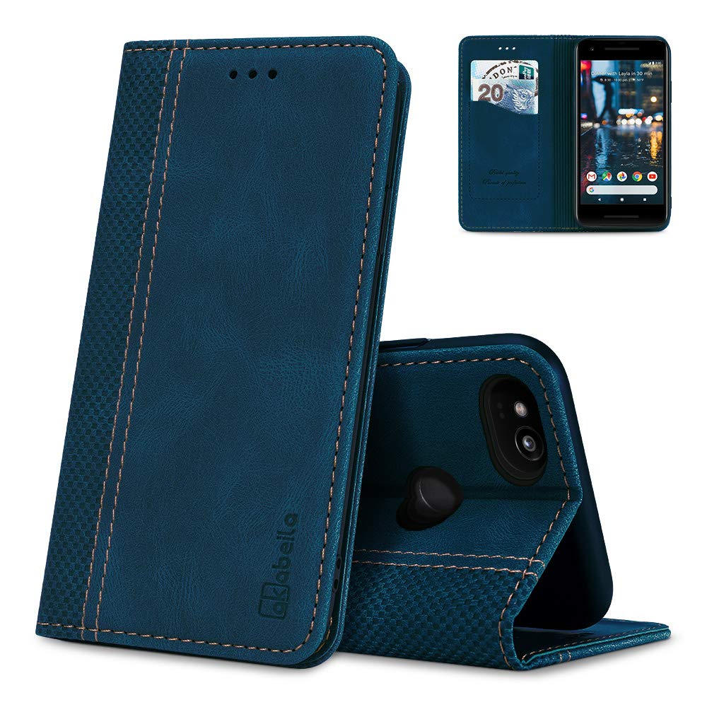 AKABEILA Case for Google Pixel 2 Premium Leather Flip Wallet Case with Magnetic Closure Kickstand Card Slots Folio Phone Case Cover Shockproof Blue