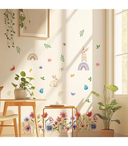 Bunny Flower Rainbow Wall Decals - Removable Vinyl Stickers For Easter, Nursery, Kids Room Decor