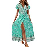 ZESICA Women's 2025 Bohemian Floral Printed Wrap V Neck Short Sleeve Split Beach Party Maxi Dress