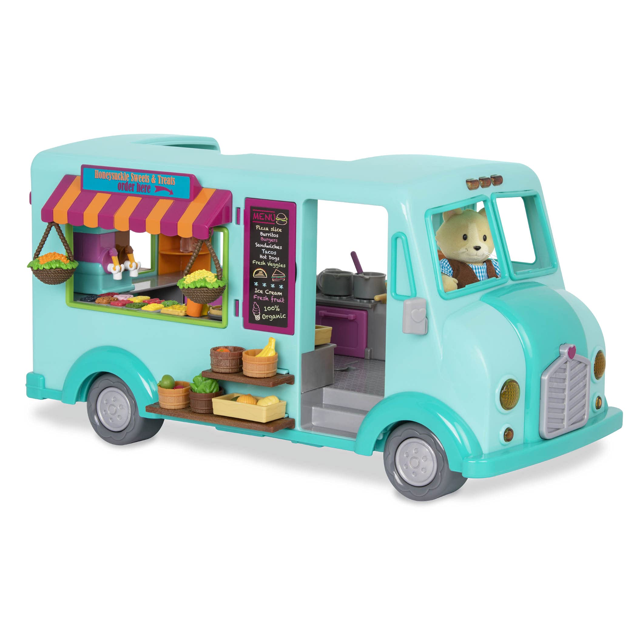 Li'l Woodzeez – Honeysuckle Sweets Food Truck with 89 Pieces Toy Set, Ice Cream Machine & Kitchen Accessories, Miniature Play Food, Collectible Toys for 3+ Years