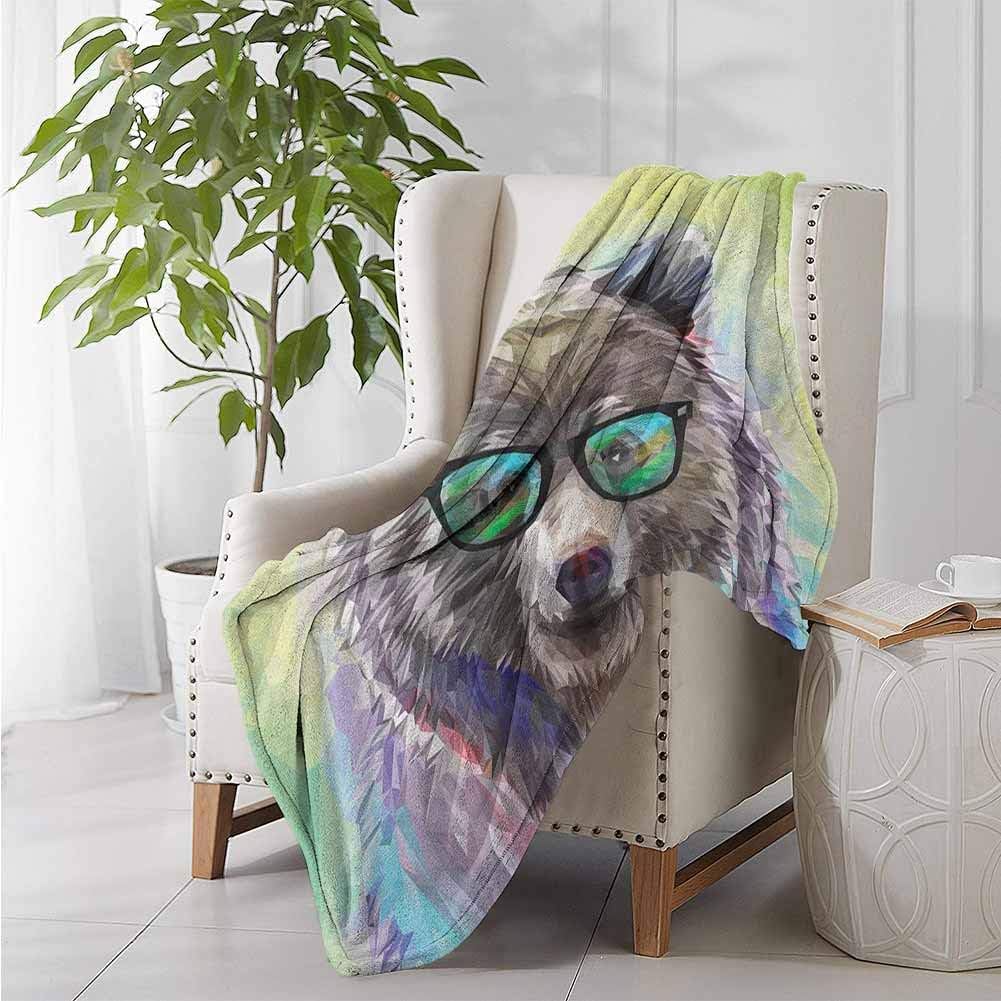 RenteriaDecor Animal Custom Blanket 60x35 inches Autumn Blankets for Couch Sofa Travel Funny Cool Low Wild Hipster Bear with Spectacles Colorful Portrait Lime Green Blue Gray Purple