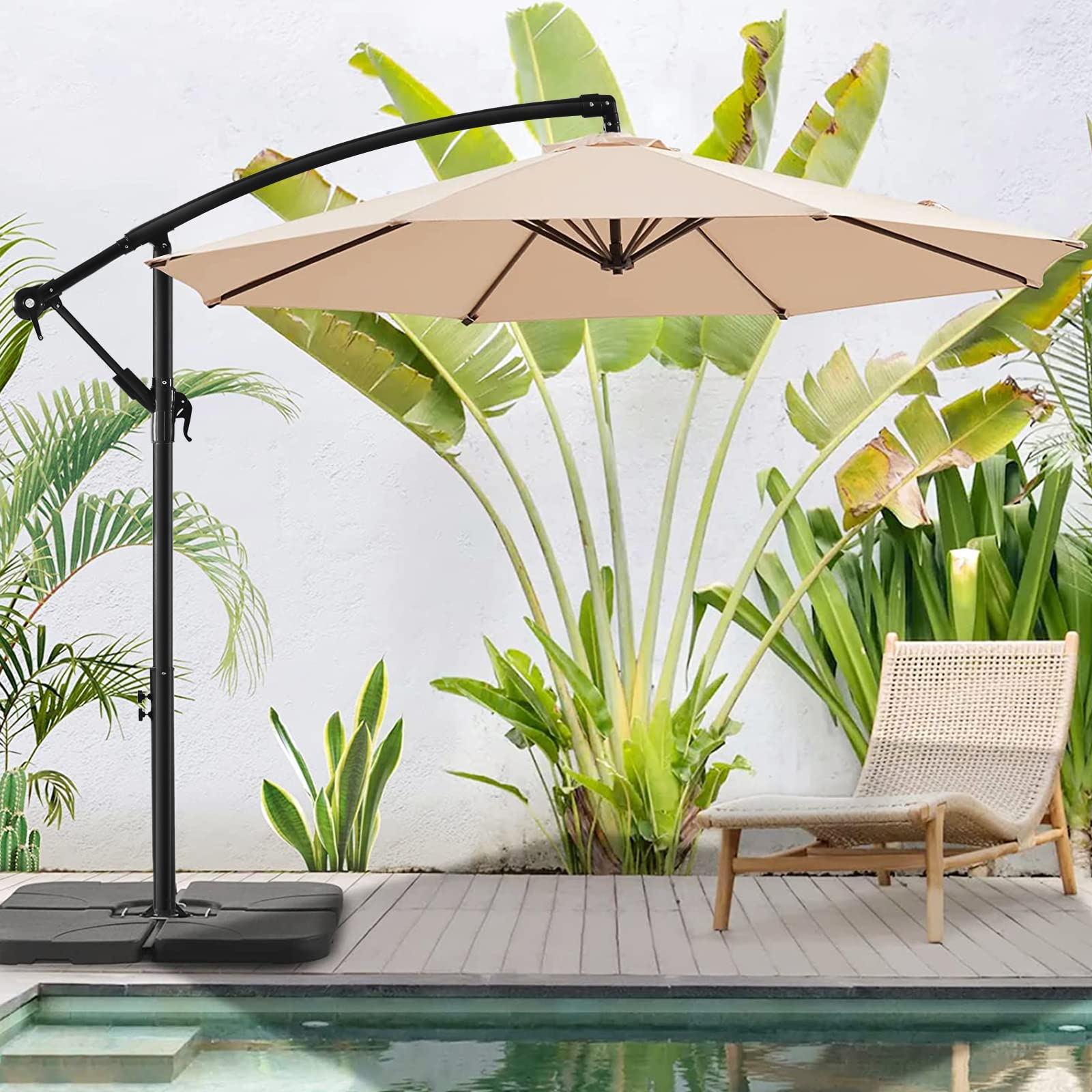 Photo 1 of *MISSING PARTS* WUFF Bluu 10ft Patio Offset Umbrella Cantilever Umbrella Hanging Market Umbrella Outdoor Umbrellas with Crank & Cross Bases(Beige)