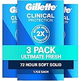 Gillette Clinical Antiperspirant and Deodorant for Men, 72hr Sweat & Odor Protection, Long Lasting Freshness, Anti-White Mark Technology, Soft Solid, Ultimate Fresh Scent, 1.7 oz (Pack of 3)