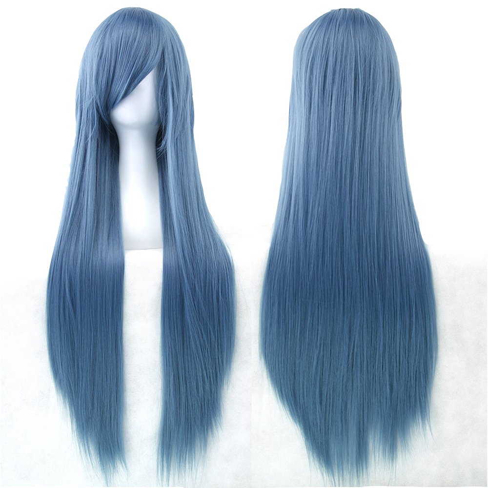 Fouriding 32" Army Blue Women's Long Straight Full Wigs Costume Synthetic Hair Hairpieces with Oblique Bangs for Halloween Anime Cosplay Party Girl Women +Wig Cap