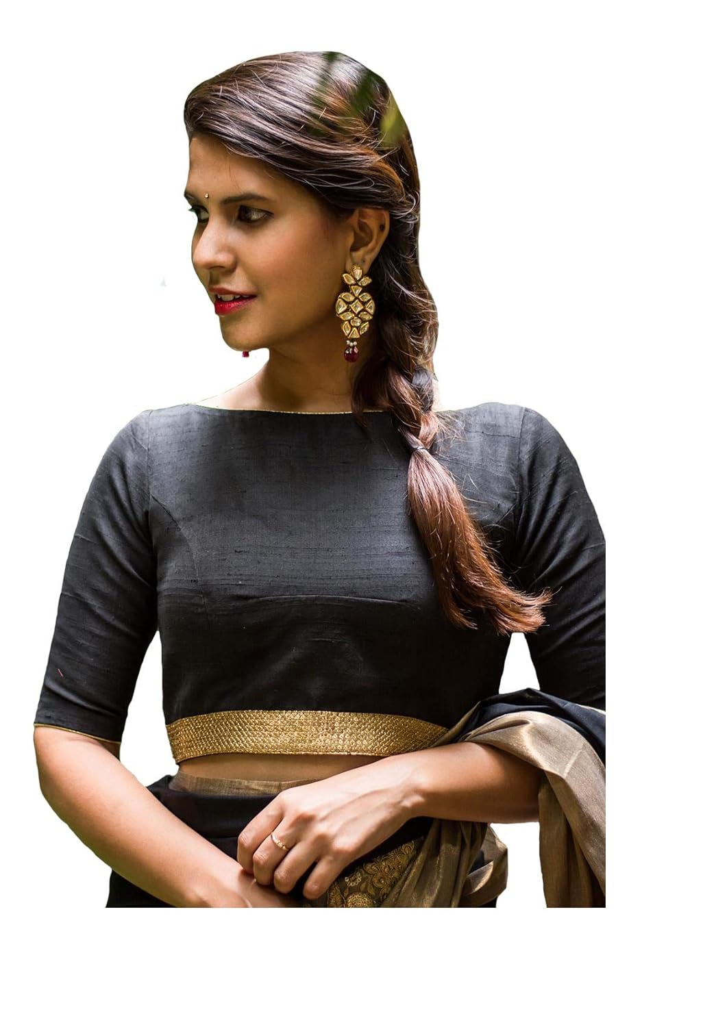 xomantic fashion black boatneck blouse with gold border