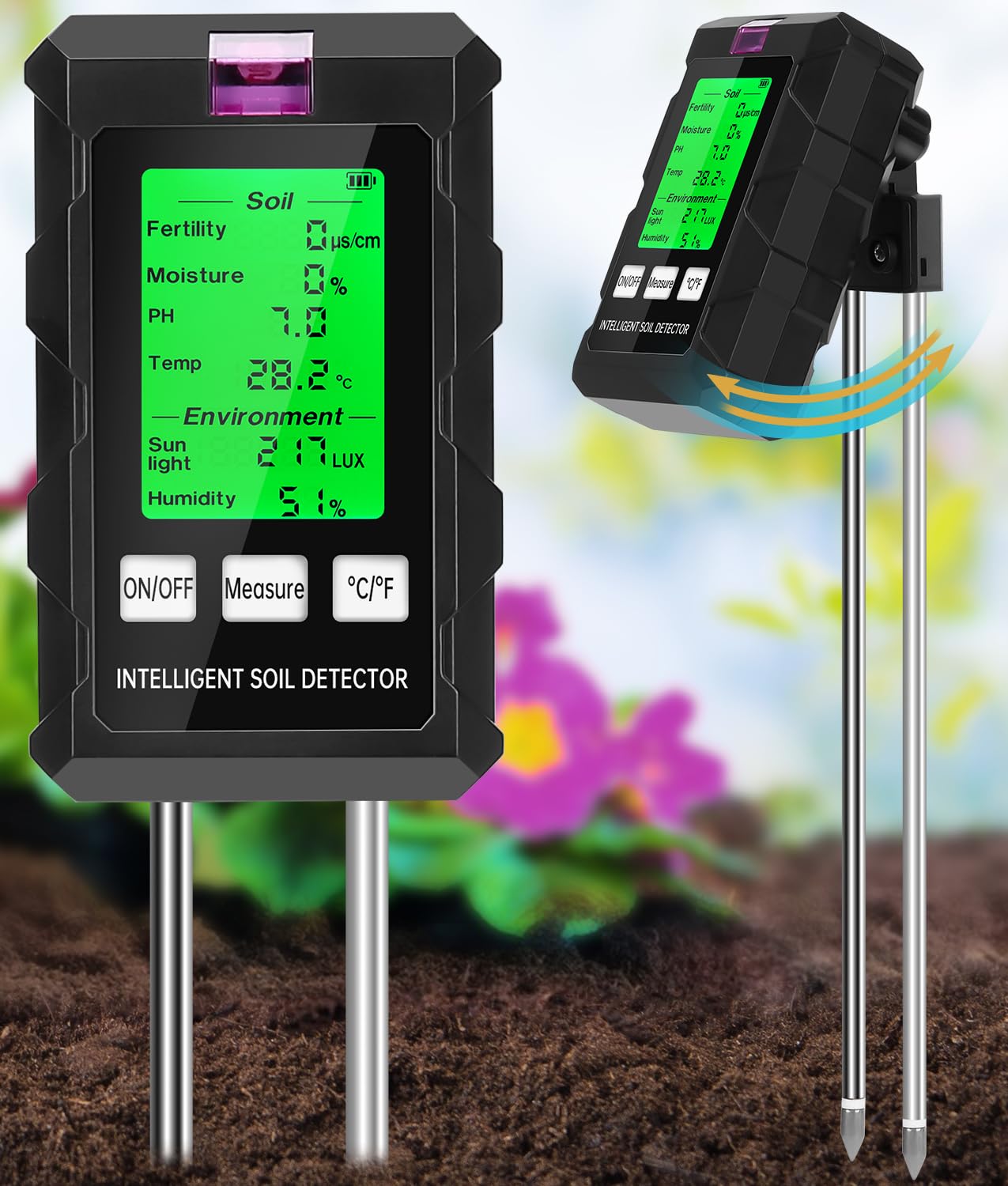 WADEO 6-in-1 Soil Moisture Meter for Plants, Digital Backlight LCD Display with Fertility/Moisture/PH/Temp/Sunlight/Humidity, Soil Dual Probe for Indoor, Outdoor, Garden, Lawn, Yard, Farm