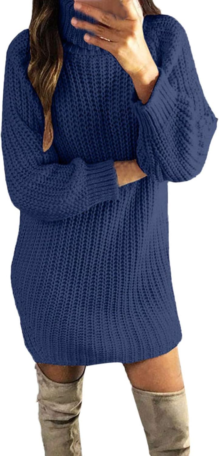 Fashion Women Solid Color Pullover Dress Turtleneck Winter Warm Knit Sweater Long Casual Slim 