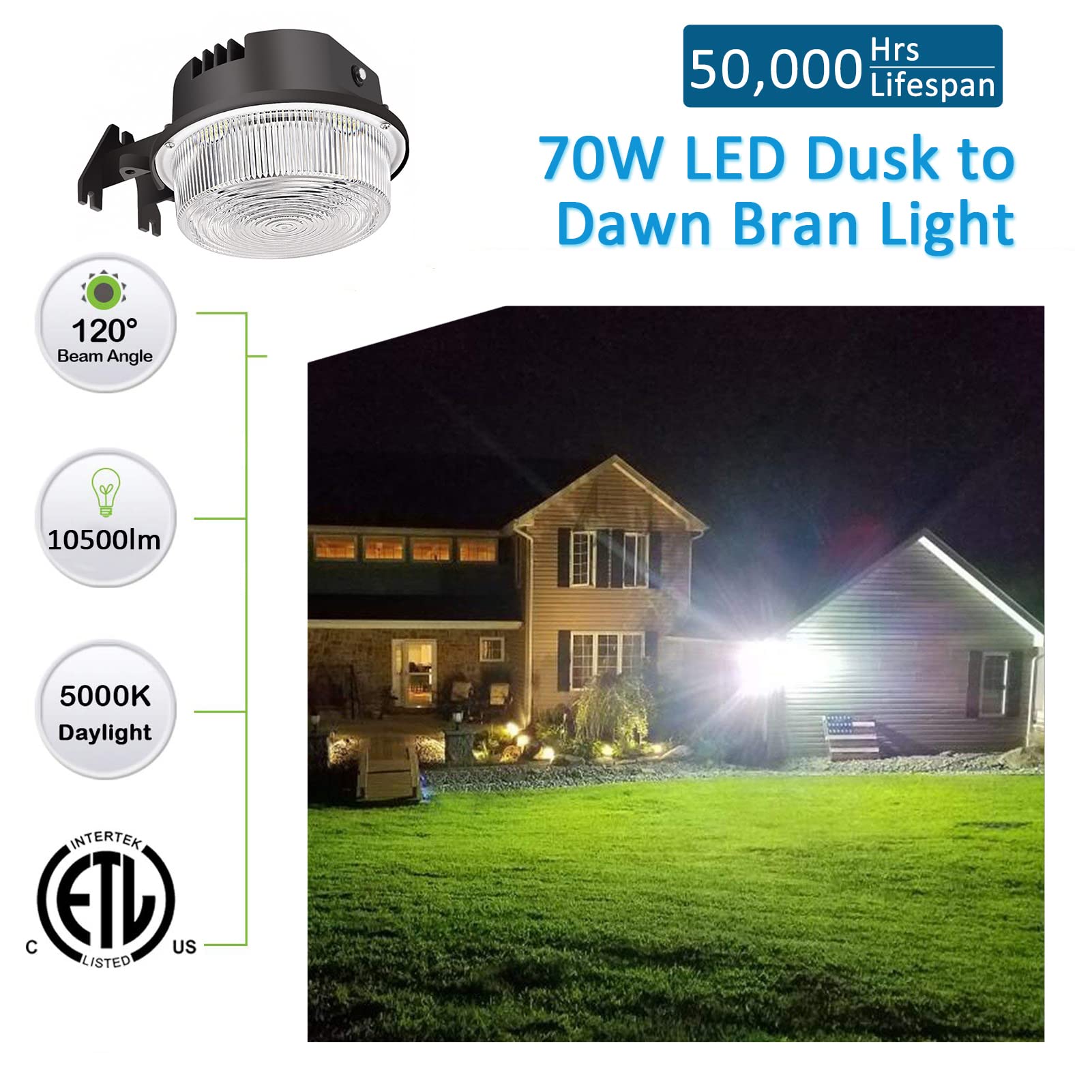 SZGMJIA LED Barn Light 70W, Dusk to Dawn Outdoor Light with Photocell, LED Yard Area Light 5000K Daylight 10,500lm 700W MH/HPS Replacement, AC100-277V IP65 Waterproof for Farmhouse Garage, ETL Listed