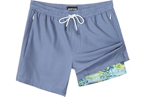 SURF CUZ Mens Swim Trunks with Compression Liner Swimming Trunks 5 Inch Bathing Suit Quick Dry Swim Shorts