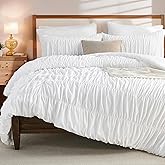Bedbay Velvet Wrinkled Comforter Set Queen Size,White Ruched Bedding 3 Pcs,Aesthetic Boho Bedding Comforter,Luxury Velvet Ruffled Queen Bedding Sets,Shabby Chic Ruffle Fluffy Comforter Bed Set