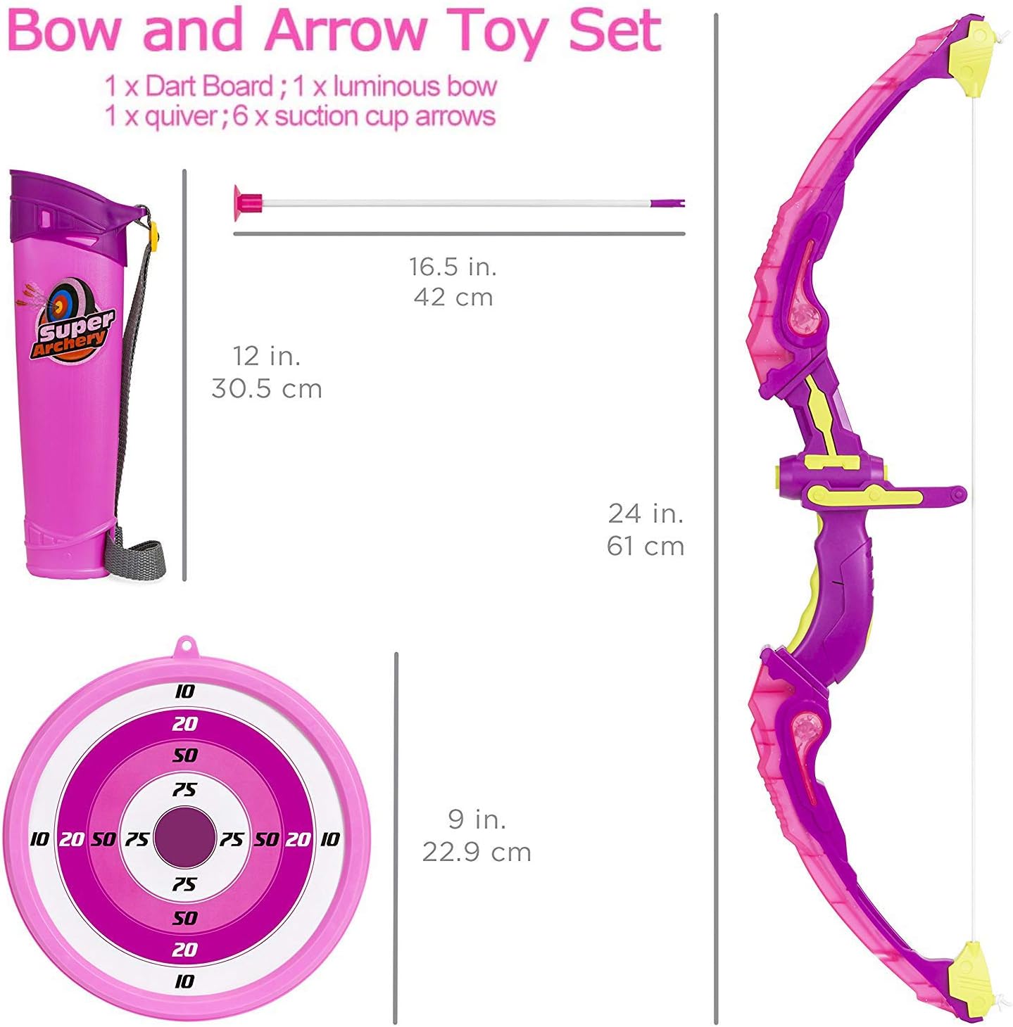 Liberty Imports Light Up Princess Archery Bow and Arrow Toy Set for Girls with 6 Suction Cup Arrows, Target, and Quiver (Pink): Toys & Games